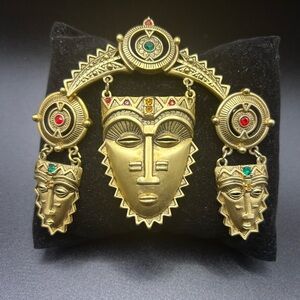 Avon 1993 Gold Tribal Mask Brooch with Gem Accents